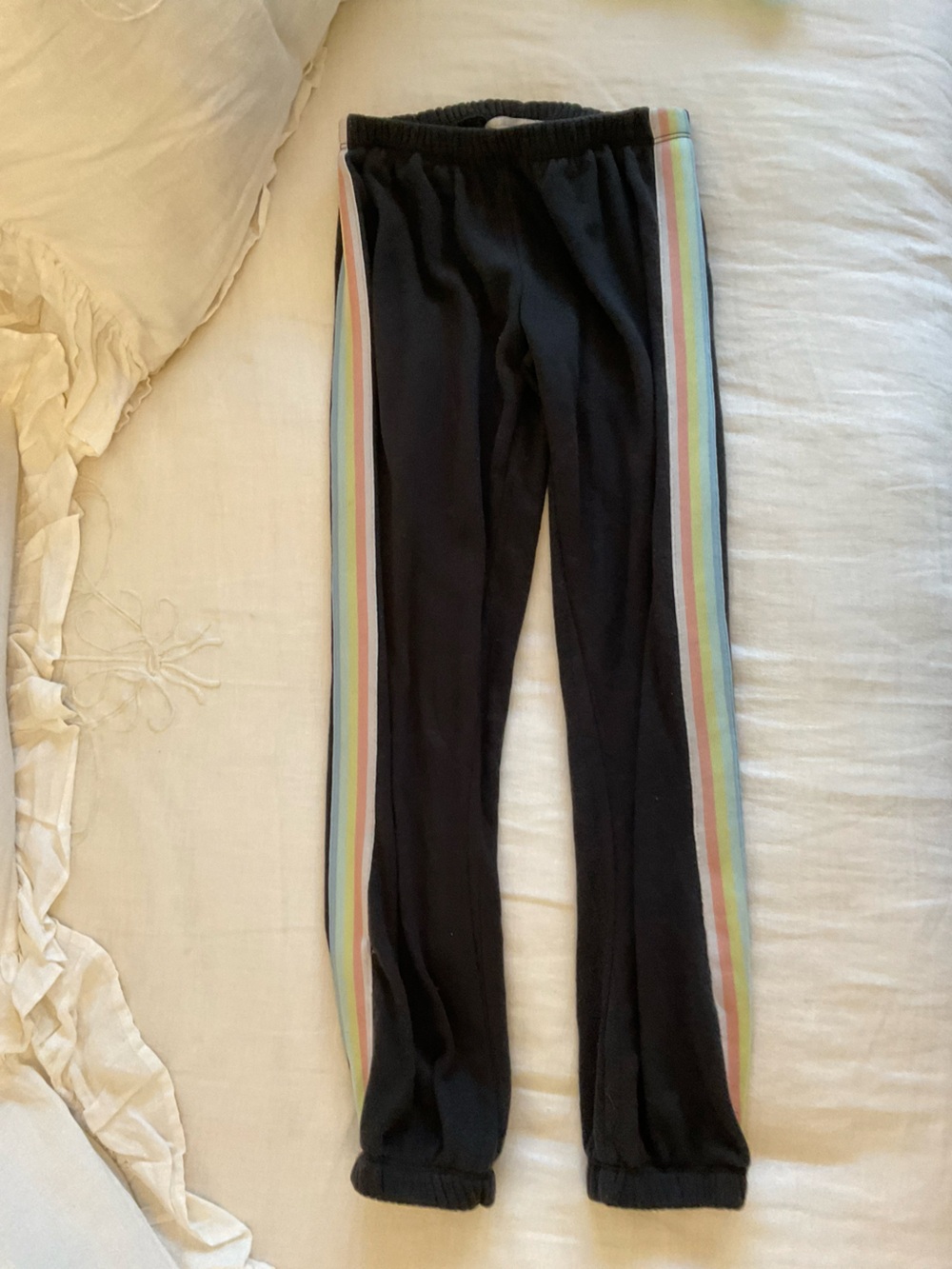 Spiritual Gangster Low Rise Sweats Black Track Pants with Rainbow Side Stripes - Picture 2 of 4